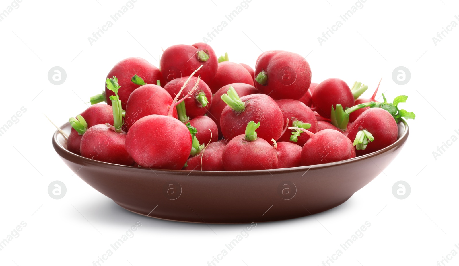 Photo of Fresh ripe radishes in bowl isolated on white