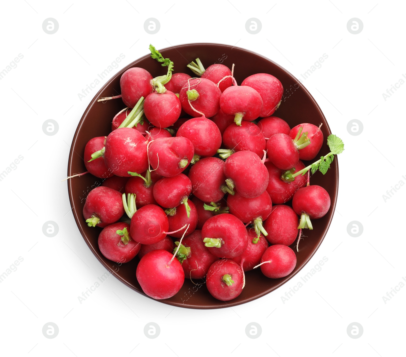 Photo of Fresh ripe radishes in bowl isolated on white, top view