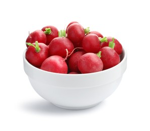 Photo of Fresh ripe radishes in bowl isolated on white