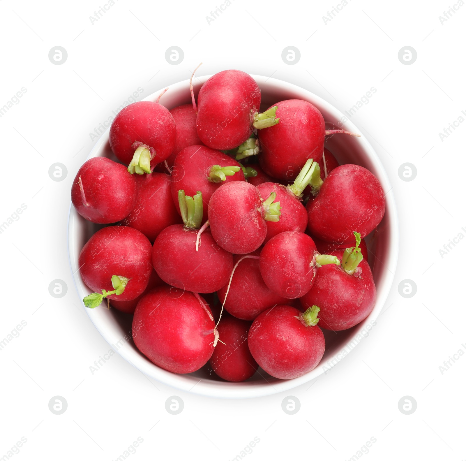 Photo of Fresh ripe radishes in bowl isolated on white, top view