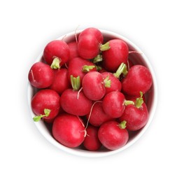 Photo of Fresh ripe radishes in bowl isolated on white, top view