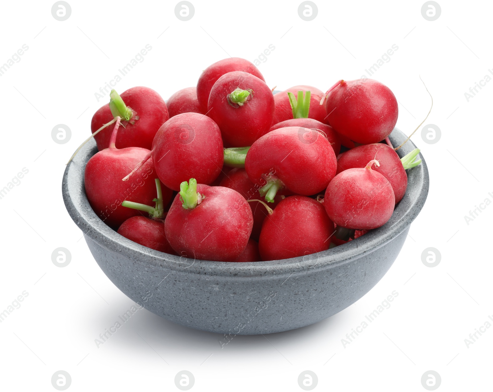 Photo of Fresh ripe radishes in bowl isolated on white