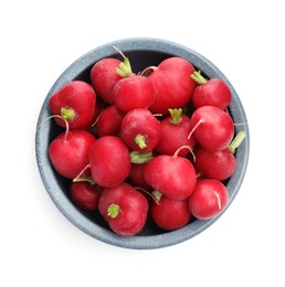 Photo of Fresh ripe radishes in bowl isolated on white, top view