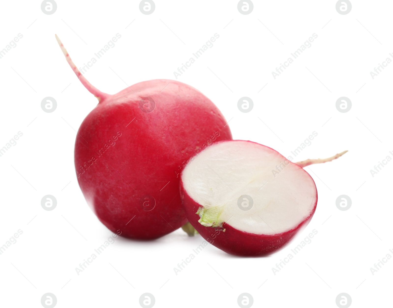 Photo of Whole and cut radishes isolated on white