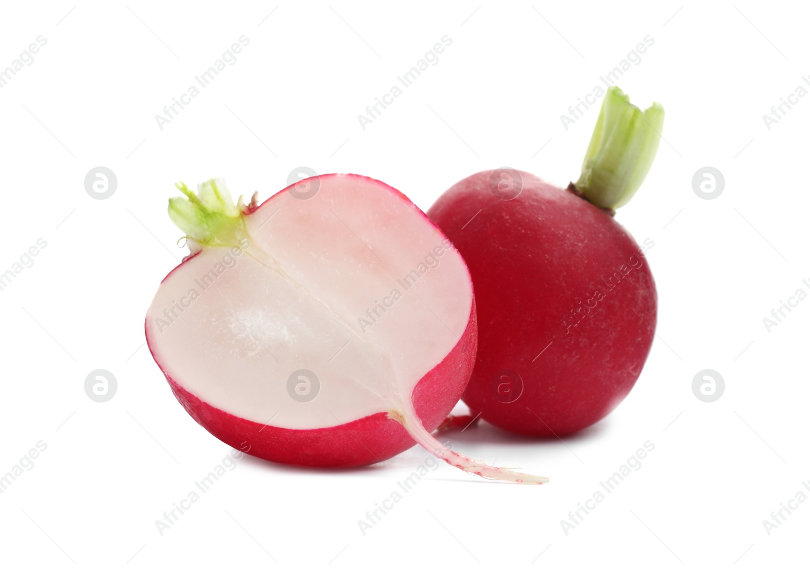 Photo of Whole and cut radishes isolated on white