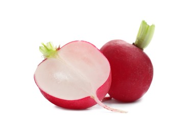 Photo of Whole and cut radishes isolated on white