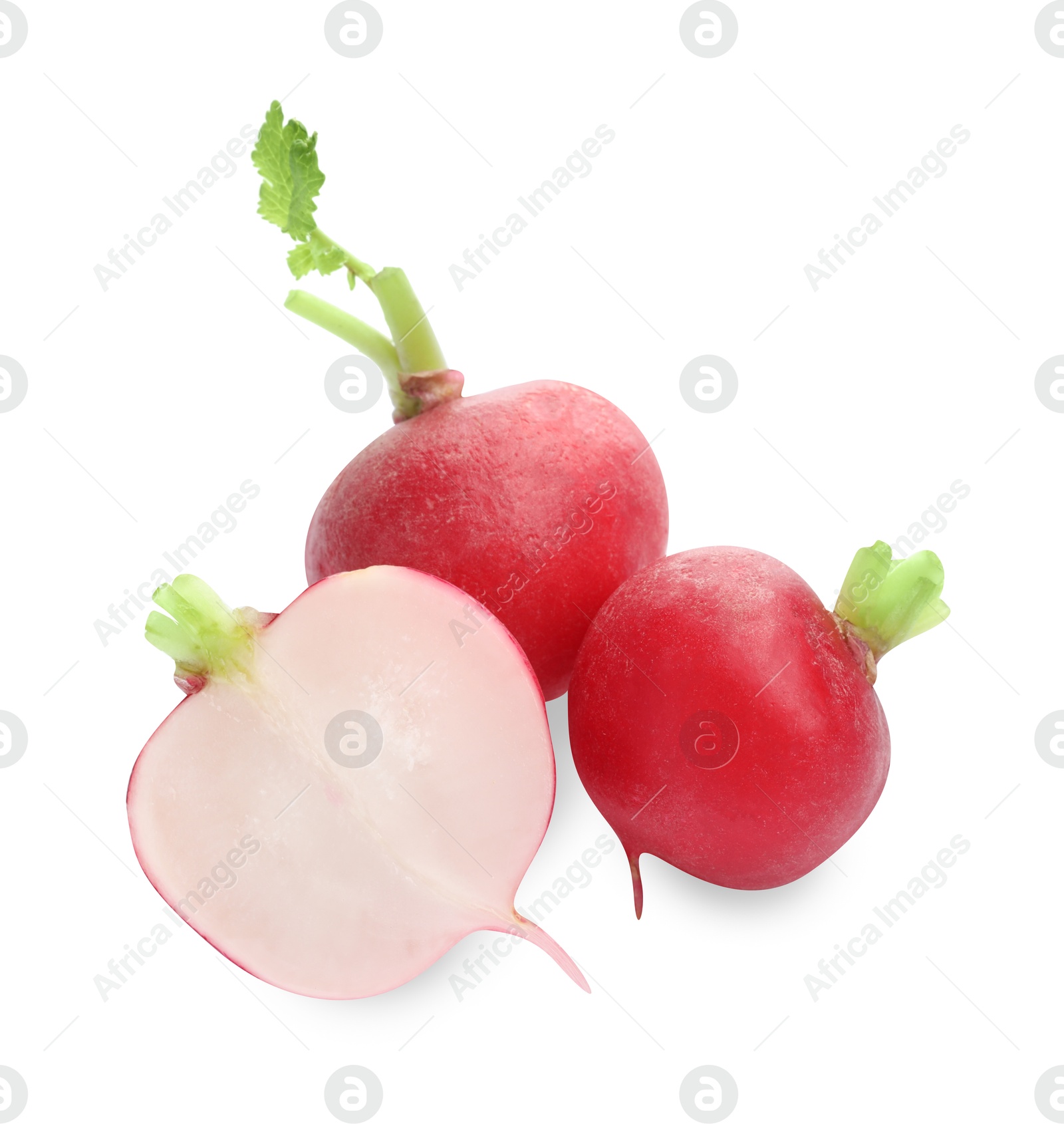 Photo of Whole and cut radishes isolated on white