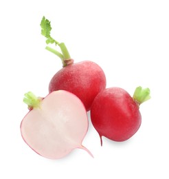 Photo of Whole and cut radishes isolated on white