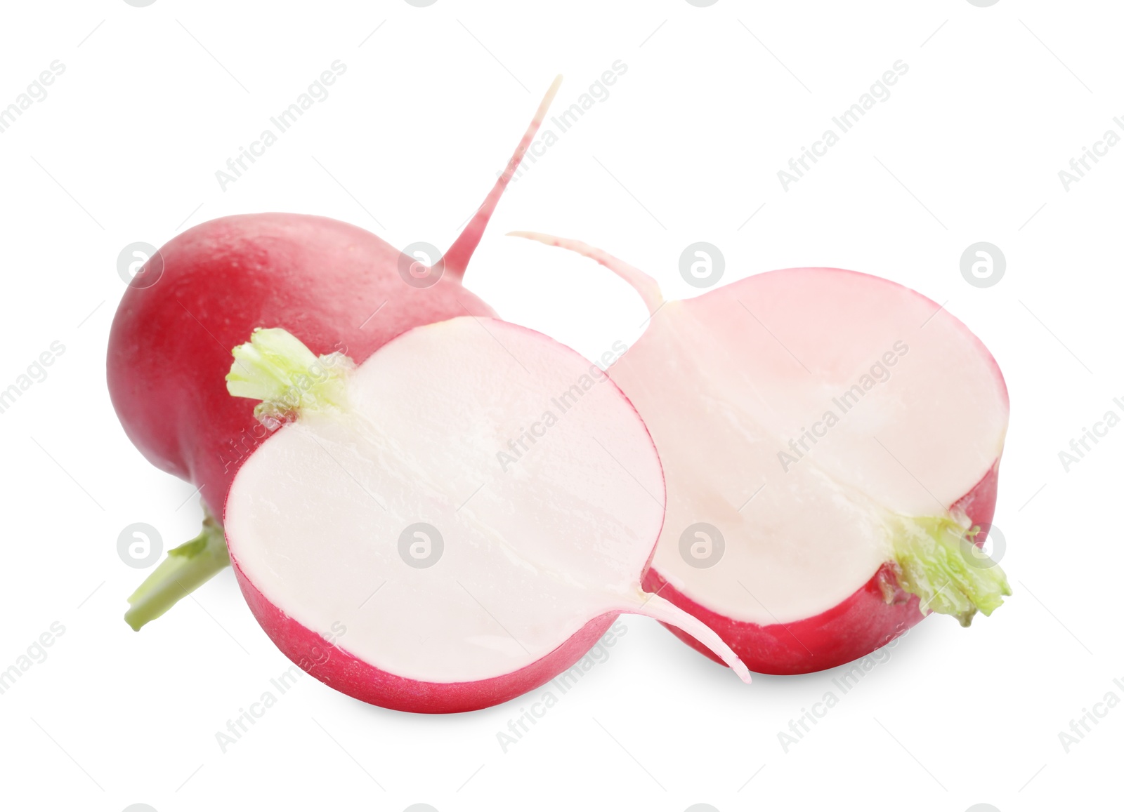 Photo of Whole and cut radishes isolated on white