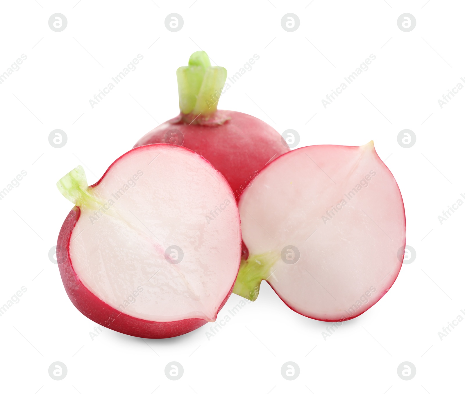 Photo of Whole and cut radishes isolated on white