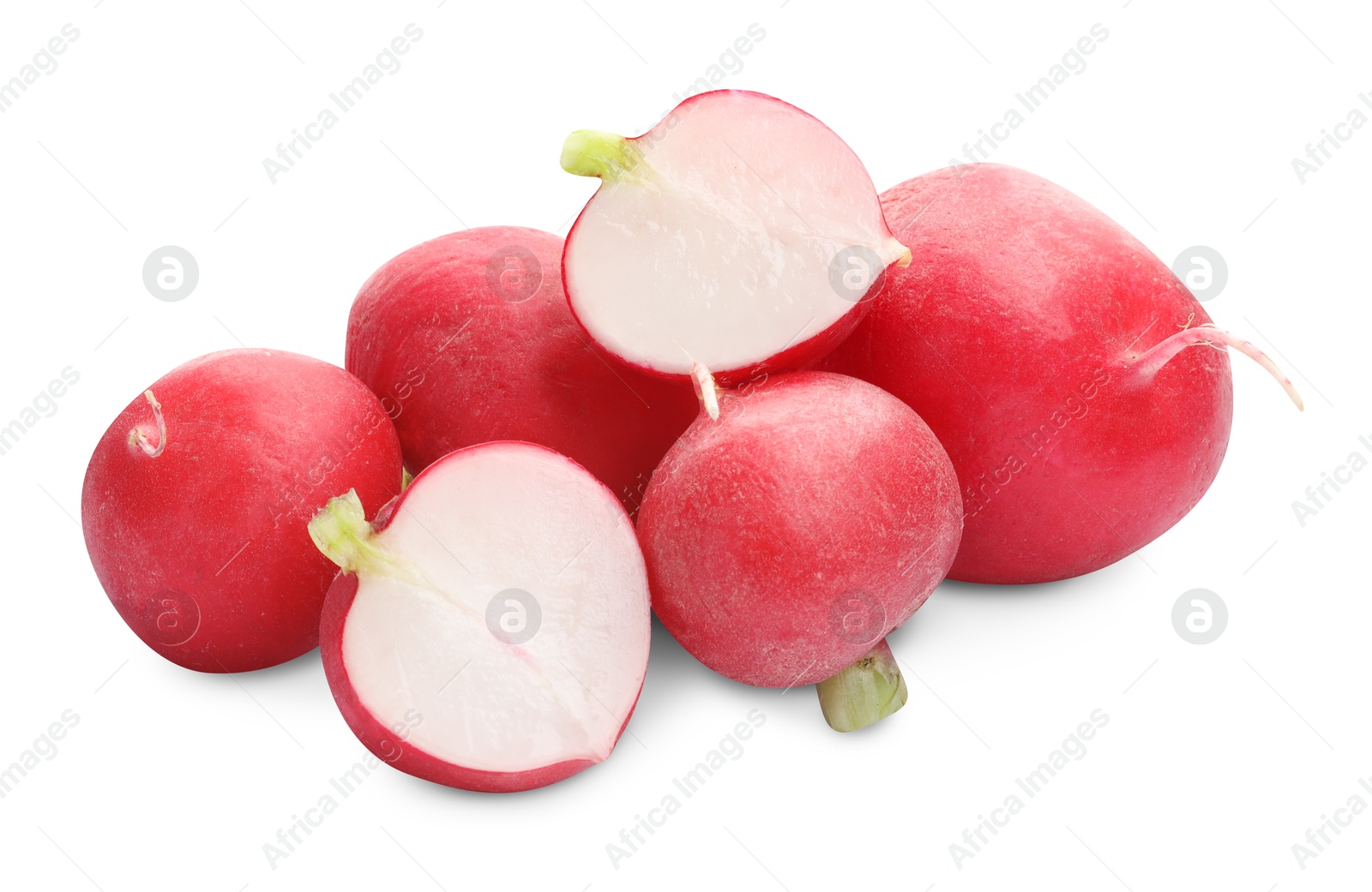 Photo of Whole and cut radishes isolated on white