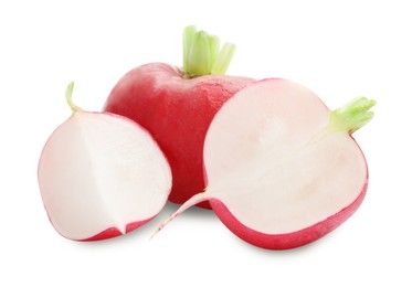 Photo of Whole and cut radishes isolated on white