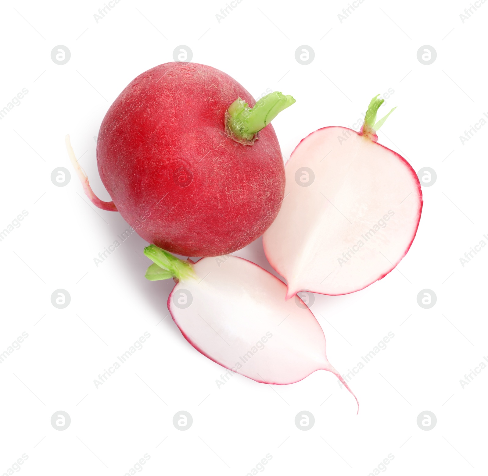 Photo of Whole and cut radishes isolated on white, top view