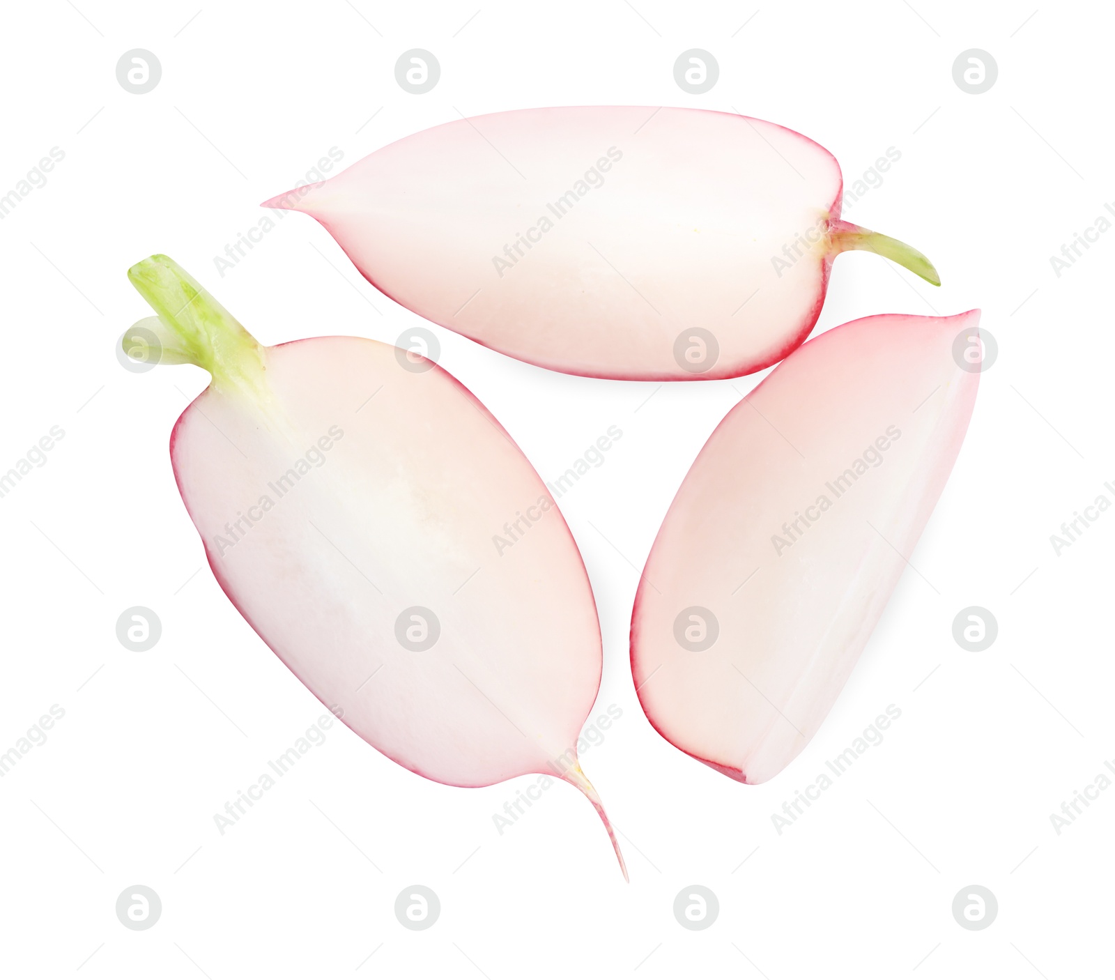 Photo of Pieces of fresh radish isolated on white, top view