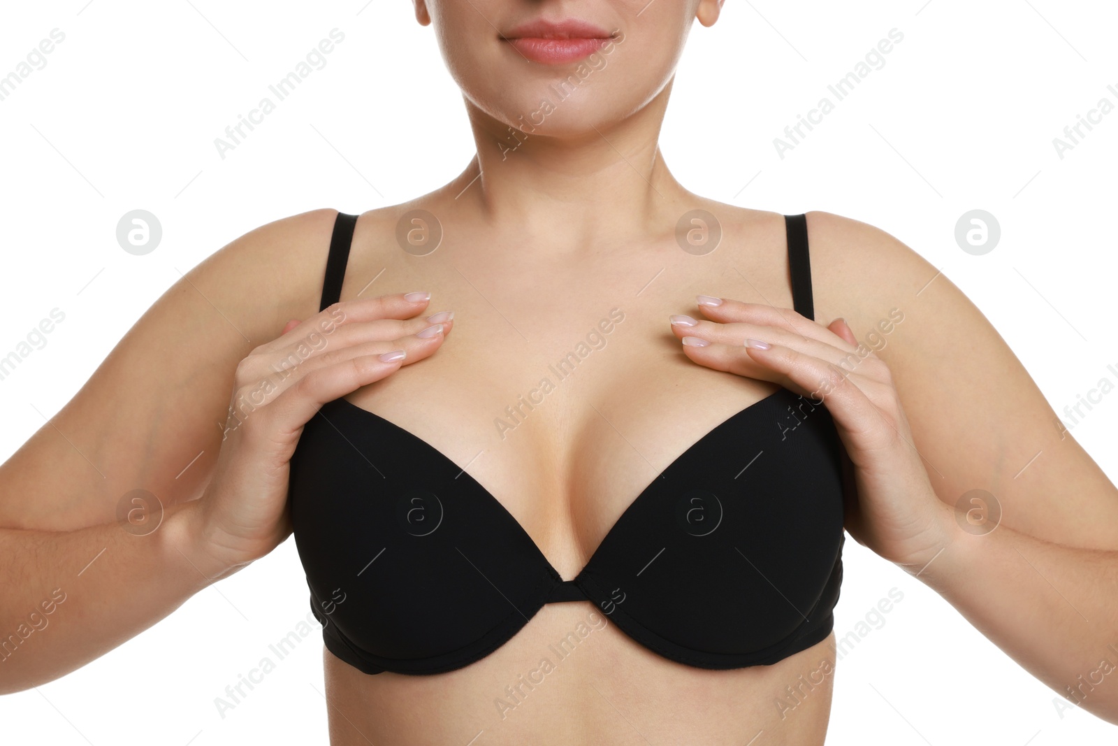 Photo of Woman wearing beautiful bra on white background, closeup