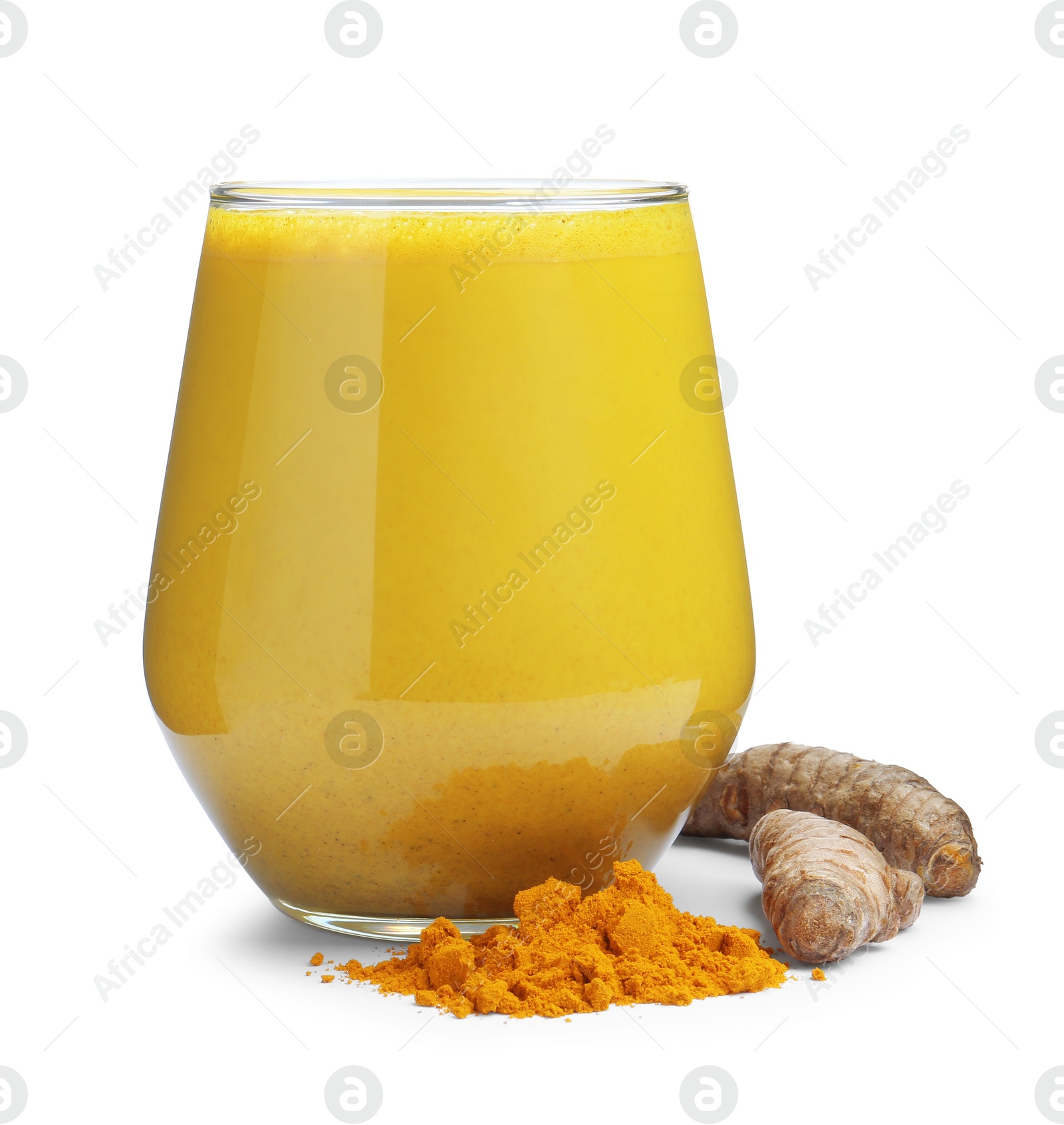 Photo of Delicious turmeric latte in glass, powder and roots isolated on white