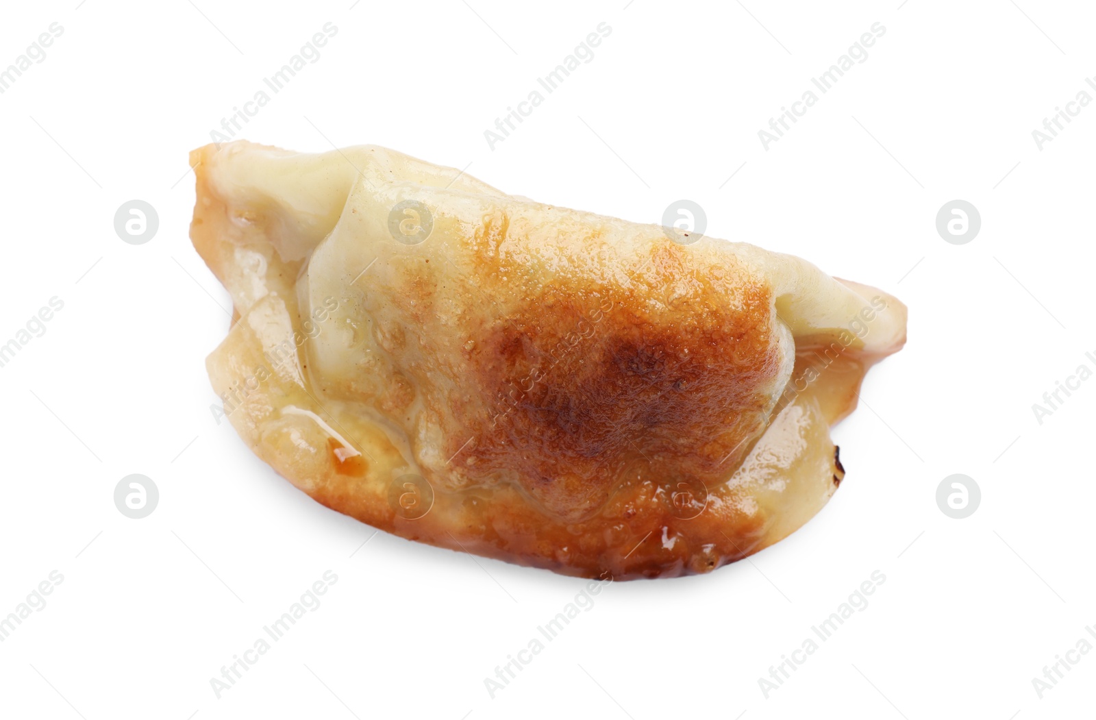 Photo of One fried gyoza dumpling isolated on white, top view