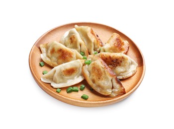 Photo of Delicious fried gyoza dumplings with green onions isolated on white