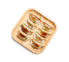 Delicious fried gyoza dumplings with green onions and sesame seeds isolated on white, top view