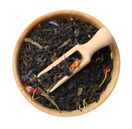 Photo of Dry tea leaves in bowl and scoop isolated on white, top view