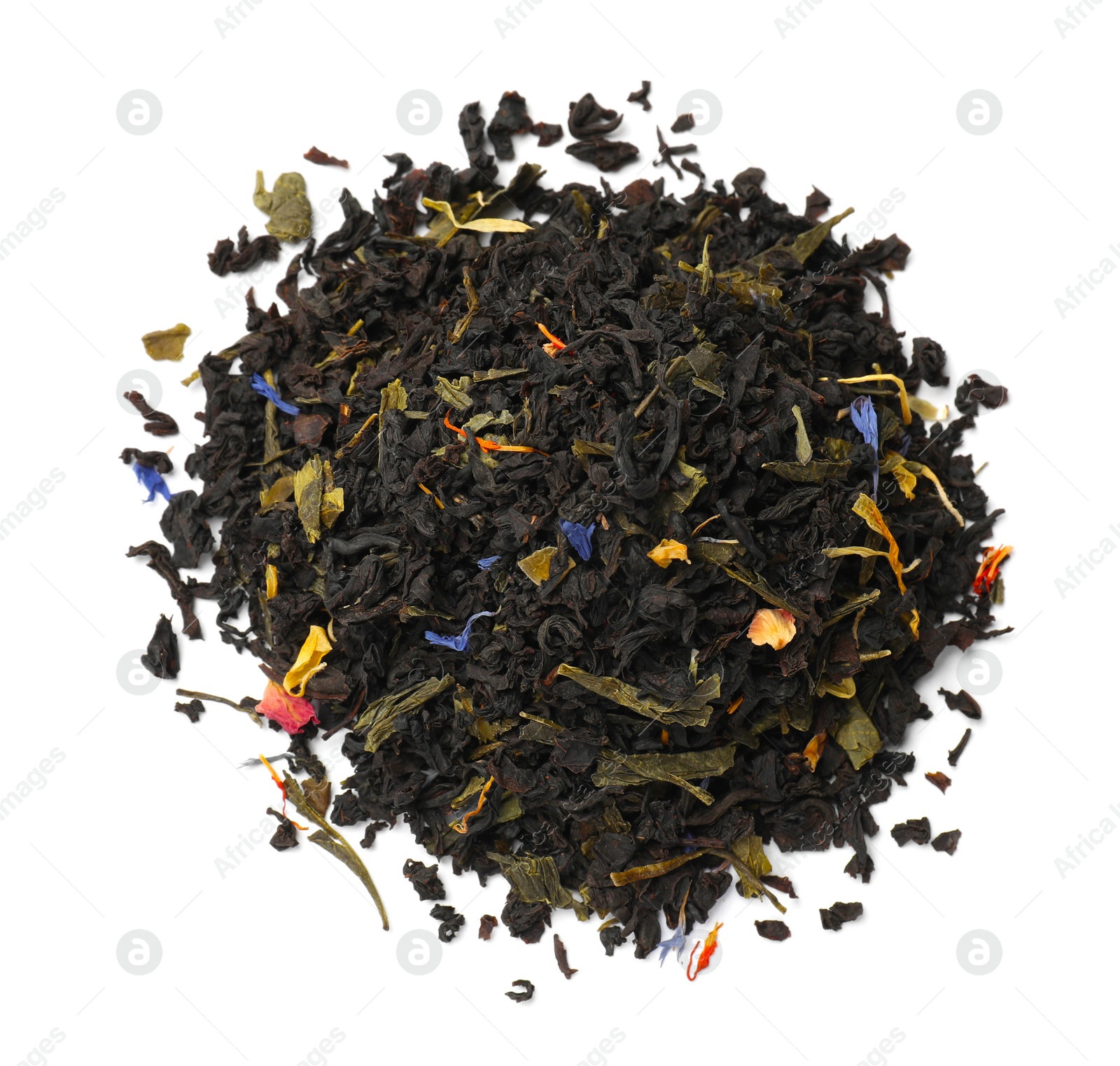 Photo of Pile of dry tea leaves isolated on white, top view