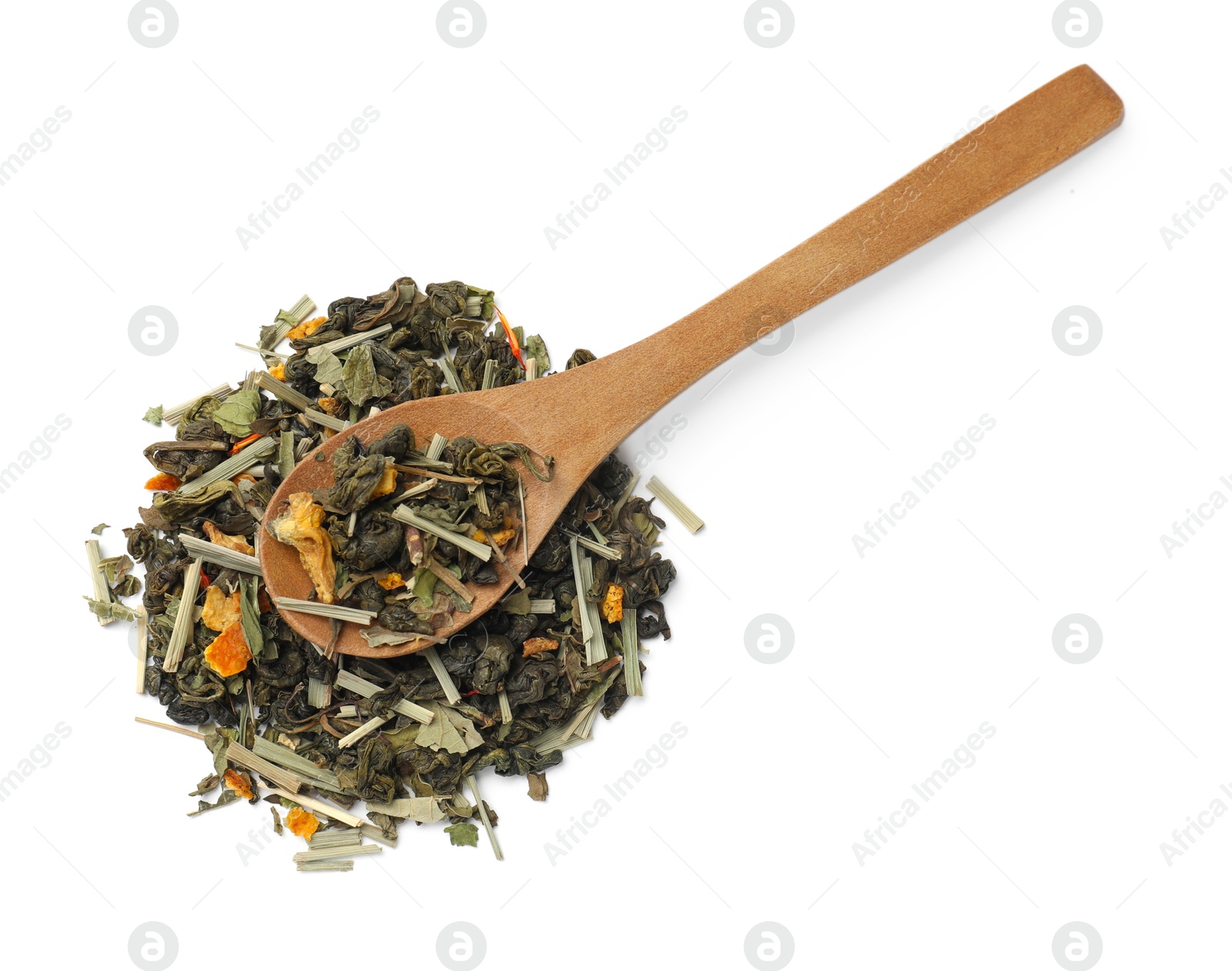 Photo of Dry tea leaves in wooden spoon isolated on white, top view