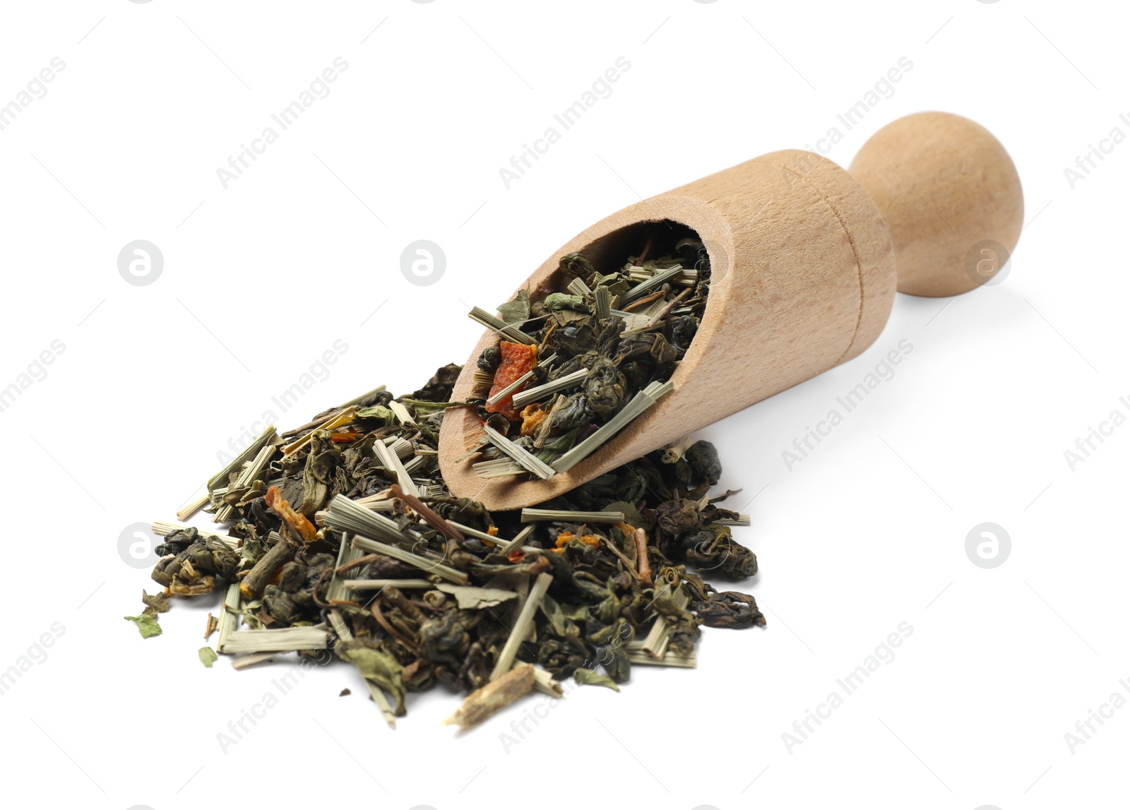 Photo of Dry tea leaves in wooden scoop isolated on white