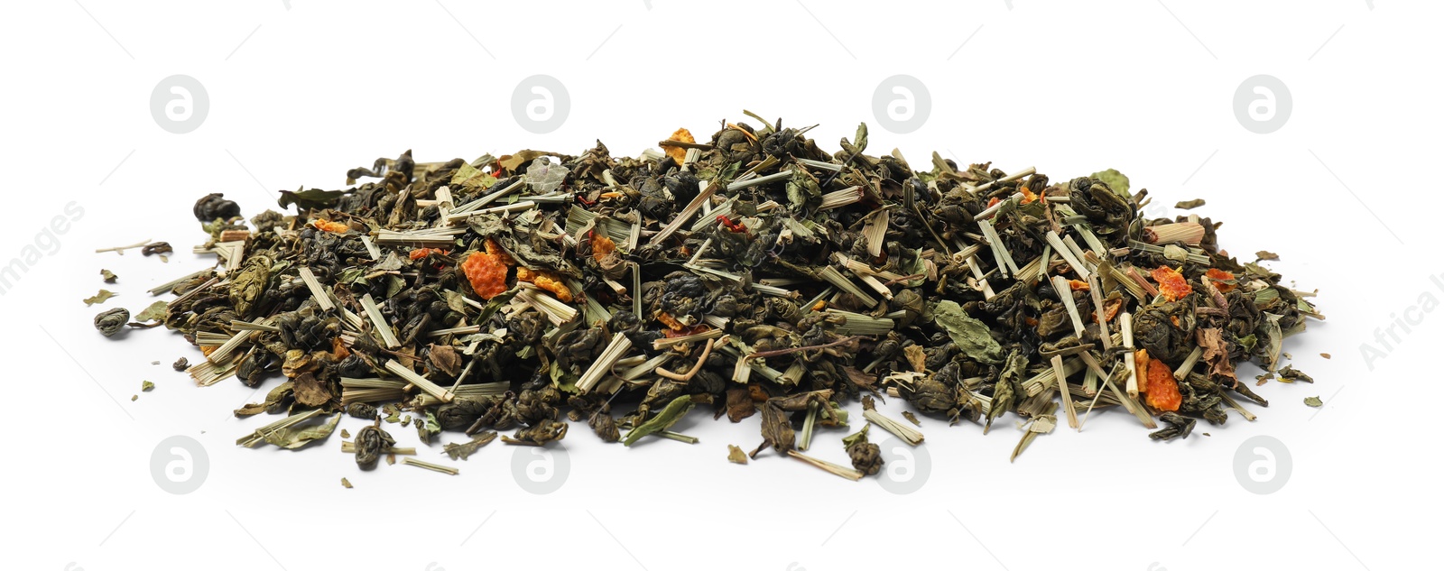 Photo of Pile of dry tea leaves isolated on white