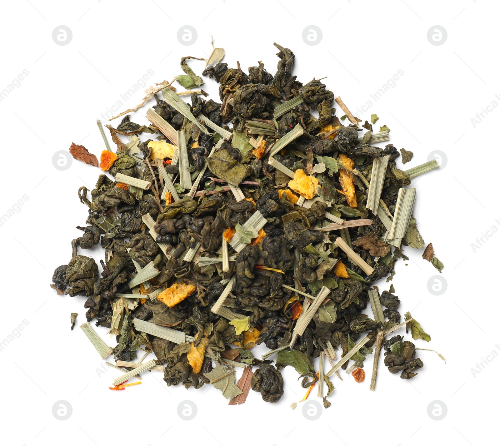 Photo of Pile of dry tea leaves isolated on white, top view