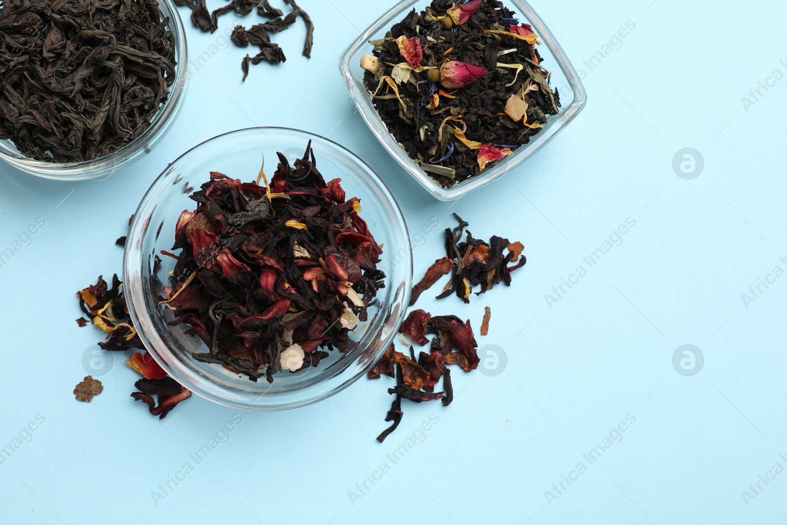 Photo of Different types of tea brew on light blue background, flat lay. Space for text