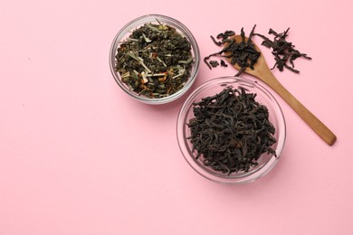 Photo of Different types of tea brew on light pink background, flat lay. Space for text