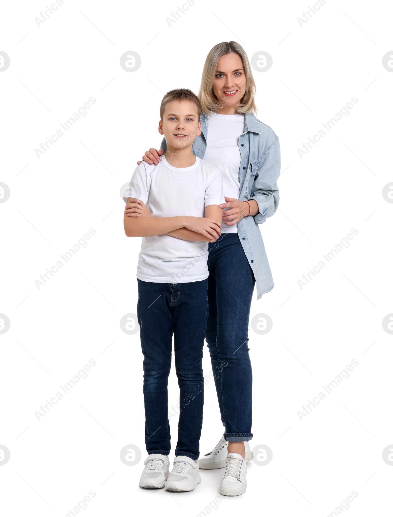 Photo of Happy mother and son on white background