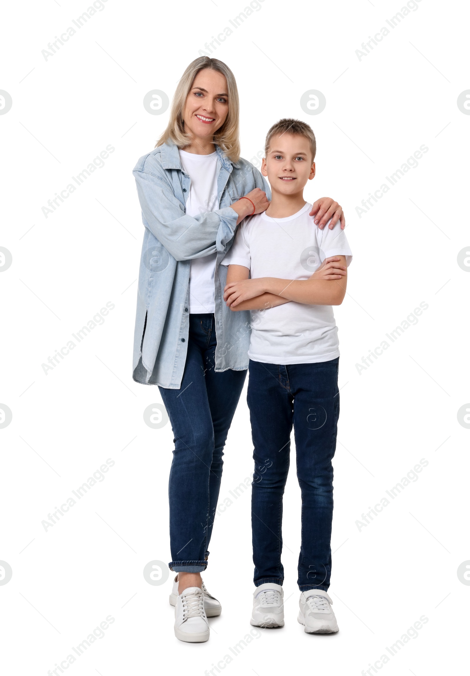 Photo of Happy mother and son on white background