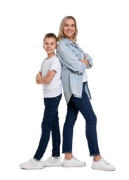 Photo of Happy mother and son on white background