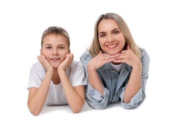 Photo of Happy mother and son on white background