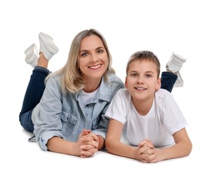 Photo of Happy mother and son on white background