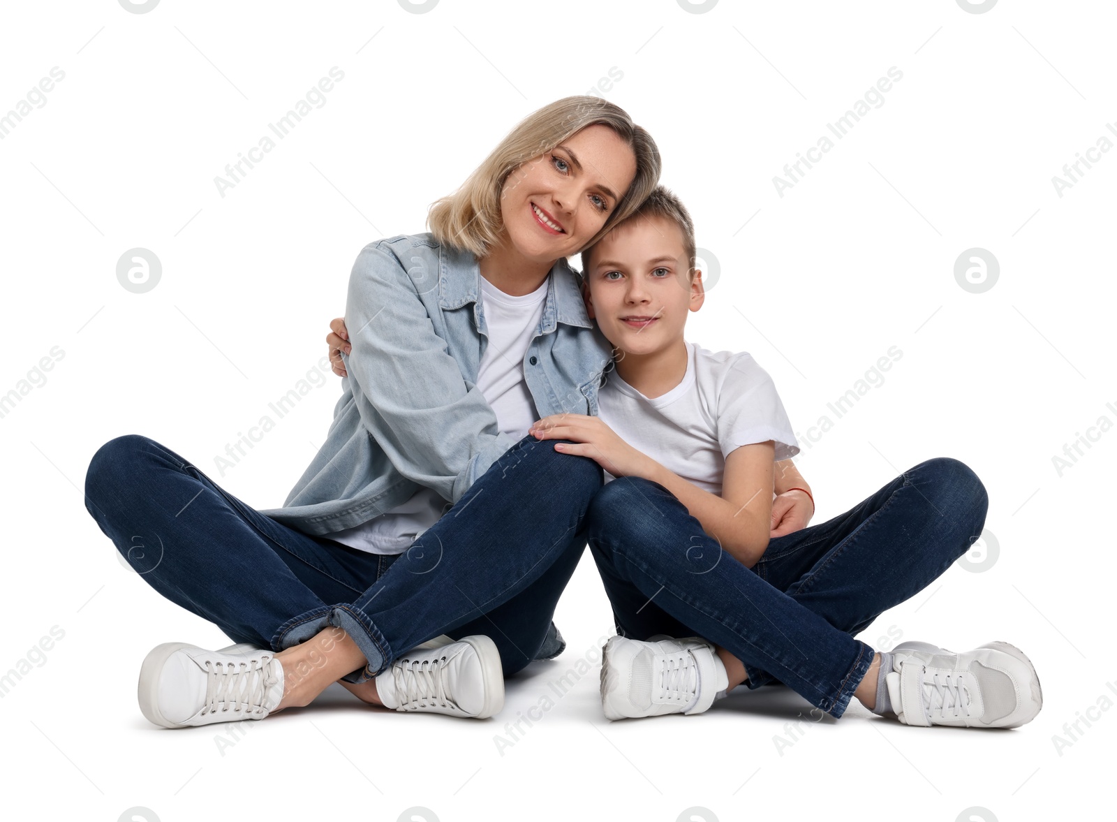 Photo of Happy mother and son on white background