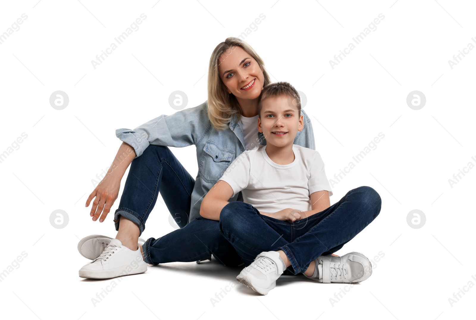 Photo of Happy mother and son on white background