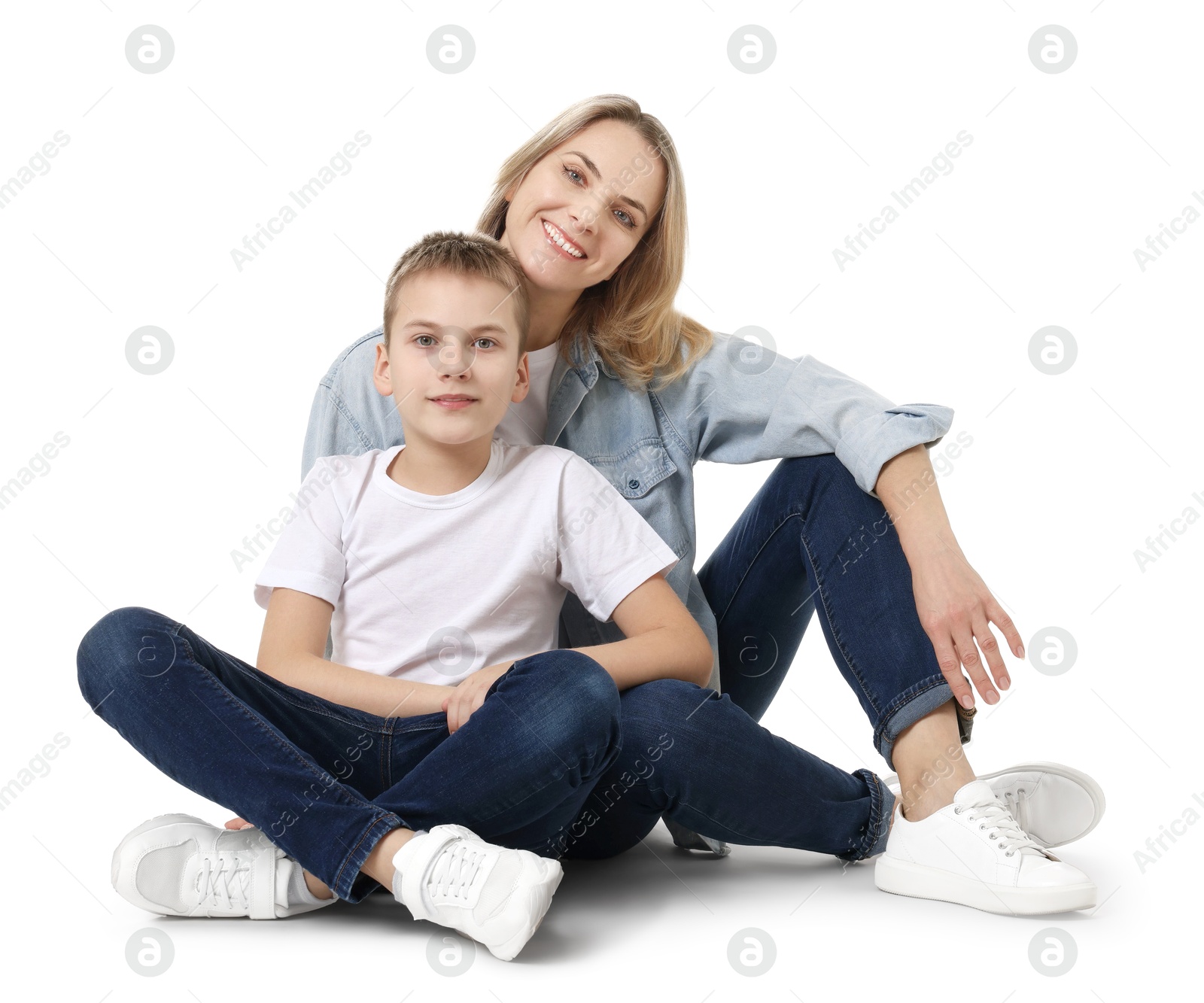 Photo of Happy mother and son on white background