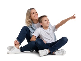 Photo of Son showing his mother something on white background