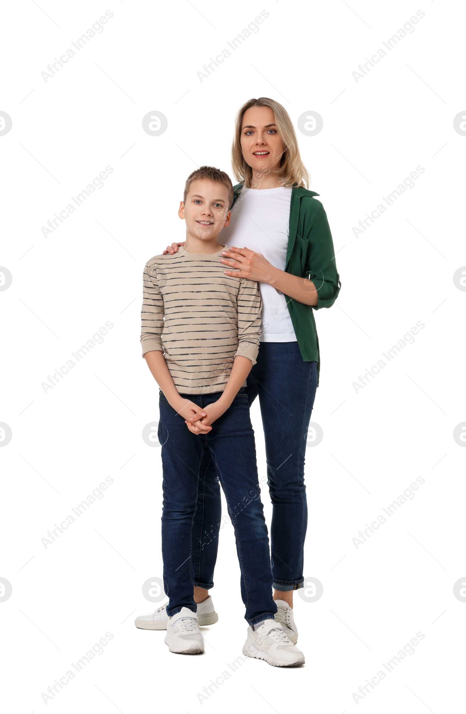 Photo of Happy mother and son on white background