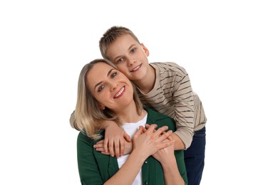 Mother and son hugging on white background