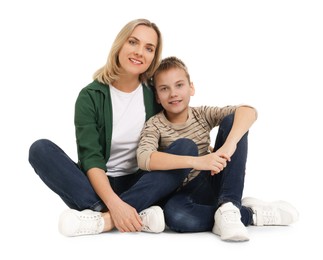 Happy mother and son on white background