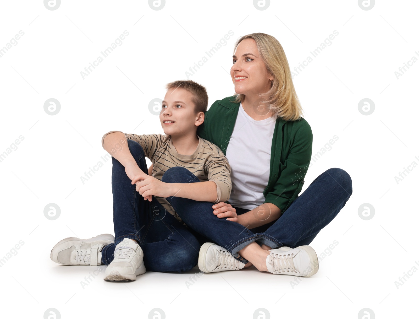 Photo of Happy mother and son on white background