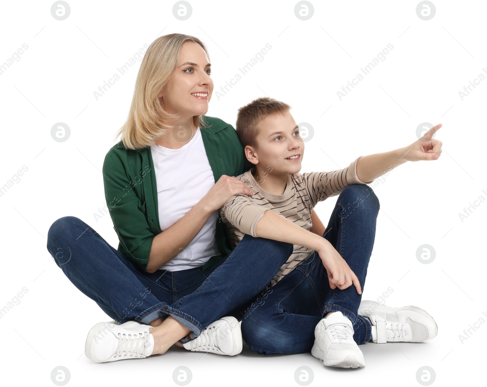 Photo of Happy mother and son on white background