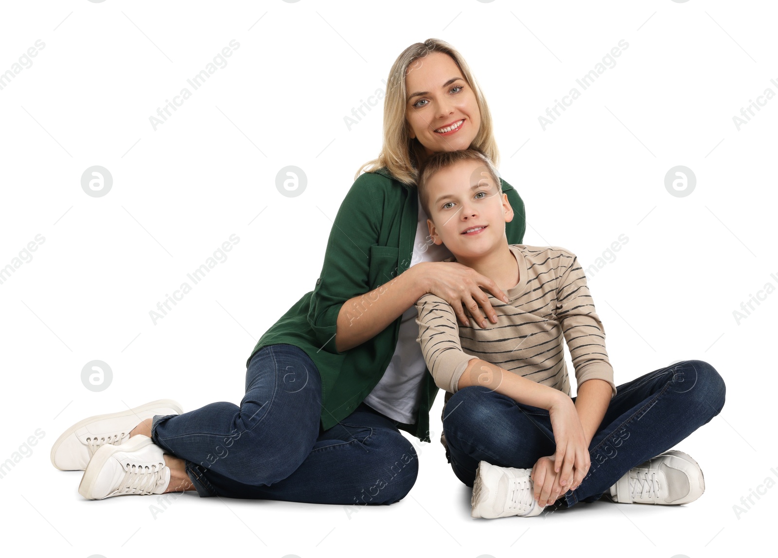 Photo of Happy mother and son on white background