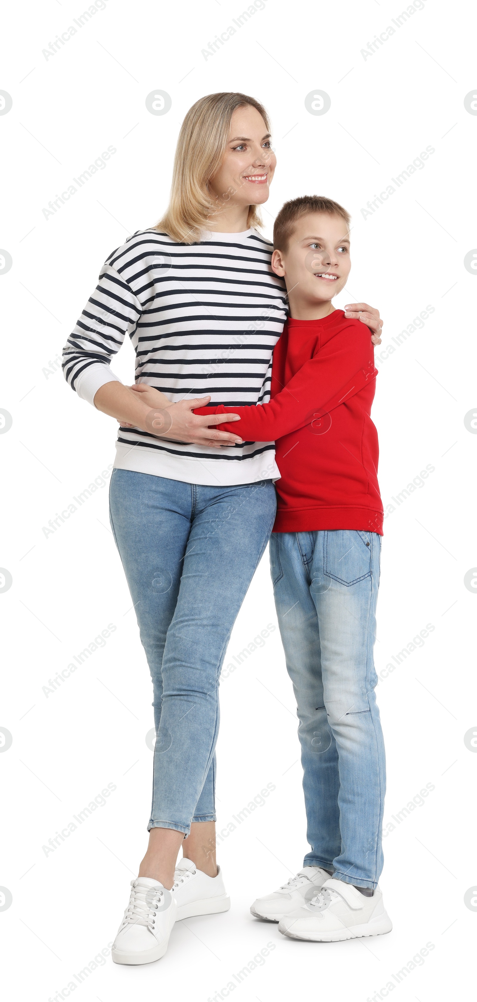 Photo of Happy mother and son on white background