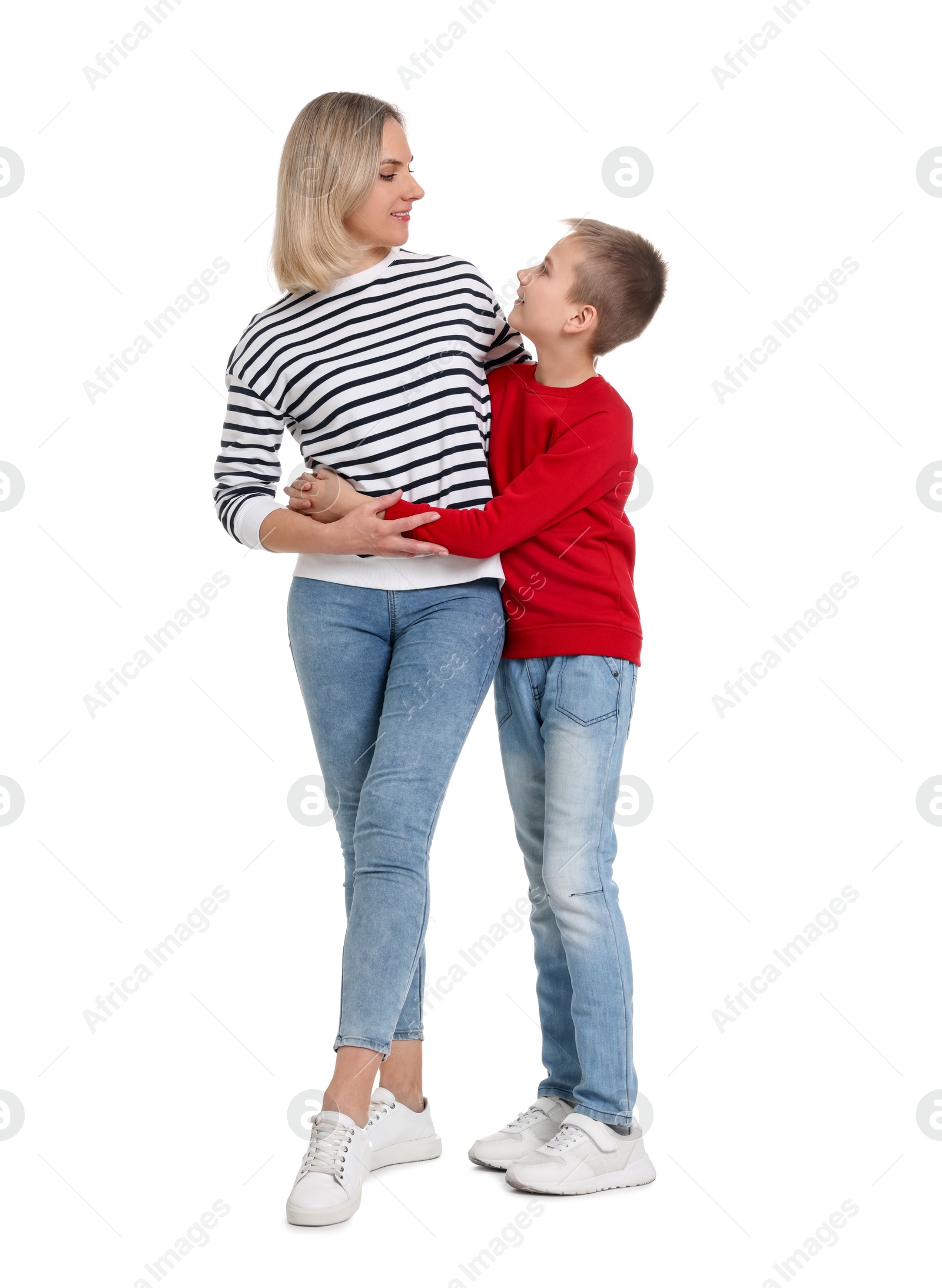 Photo of Happy mother and son on white background