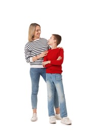 Photo of Happy mother and son on white background