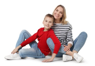 Photo of Happy mother and son on white background